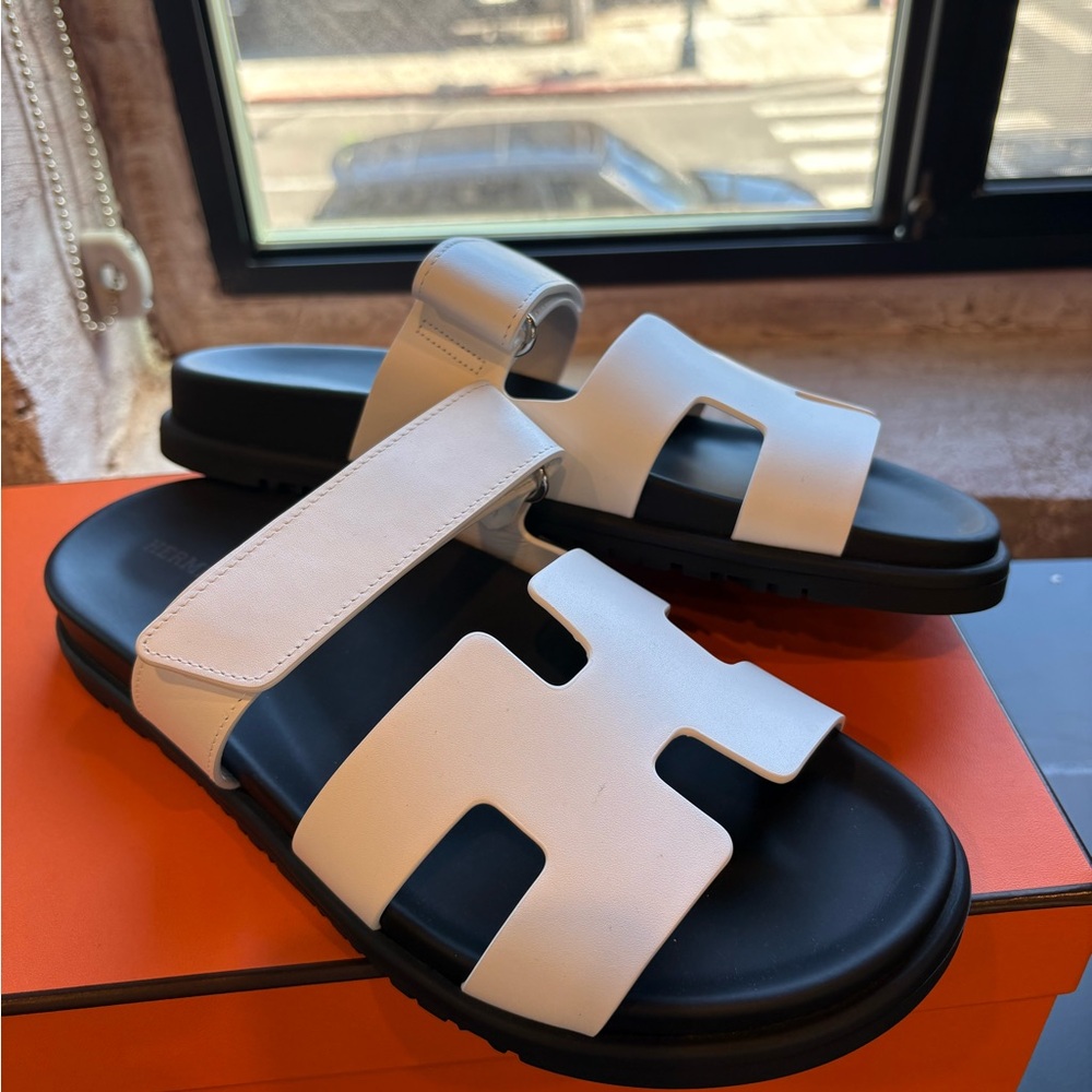 Hermes White and Black Slide Sandals